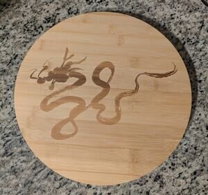 Wooden Lazy Susan Dragon Chefs Counter Bamboo Wood 13.5” dia Spinning Platter